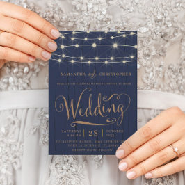 ネイビー素朴ブルーウッド&ストリングライト結婚ズ 招待状