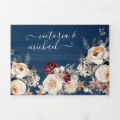 ネイビー素朴ブルークリームバーガンディ&ピーチ結婚ズ 三つ折り招待状 (カバー)