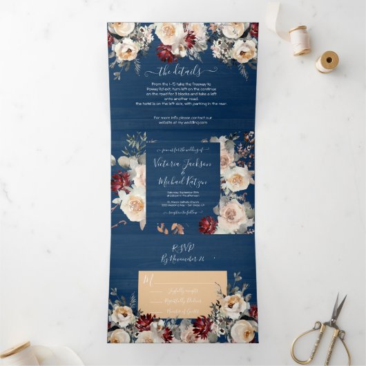 ネイビー素朴ブルークリームバーガンディ&ピーチ結婚ズ 三つ折り招待状 (内部)