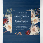 ネイビー素朴ブルークリームバーガンディ&ピーチ結婚ズ 三つ折り招待状 (内部中)