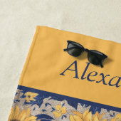 ネイビー素朴ブルーゴールデンイエローヒマワリ名Bea ビーチタオル (インサイチュ)