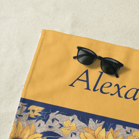 ネイビー素朴ブルーゴールデンイエローヒマワリ名Bea ビーチタオル (インサイチュ)