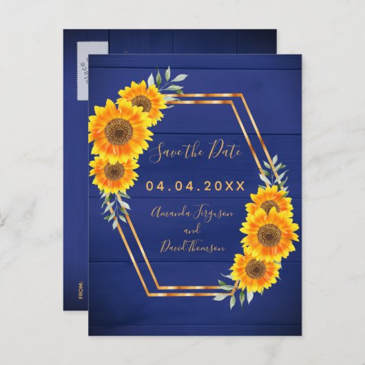ネイビー素朴ブルーサンフラワーウェディングデイトを保存 案内ポストカード (正面/裏面)