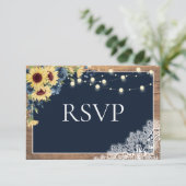 ネイビー素朴ブルーサンフラワーレース結婚ウッド 出欠カード (スタンド正面)