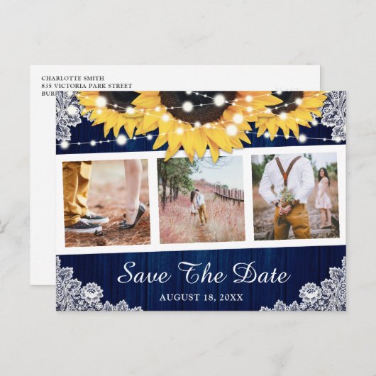 ネイビー素朴ブルーサンフラワー写真保存日 案内ポストカード (正面/裏面)