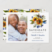 ネイビー素朴ブルーサンフラワー日付写真を保存 セーブザデート (正面/裏面)