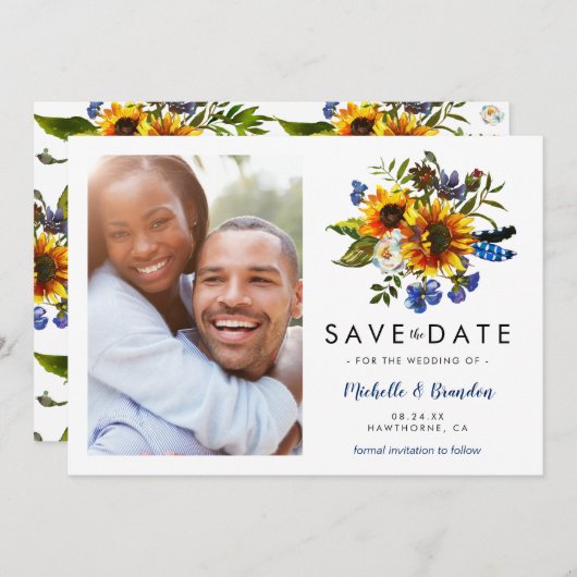 ネイビー素朴ブルーサンフラワー日付写真を保存 セーブザデート (正面/裏面)