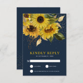 ネイビー素朴ブルーサンフラワー結婚フローラ 出欠カード (正面/裏面)