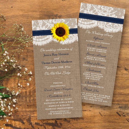 ネイビー素朴ブルーサンフラワー結婚式 プログラム