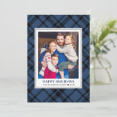 ネイビー素朴ブルータータンチェックプレイドハッピーホリデーズフォト シーズンカード (スタンド正面)