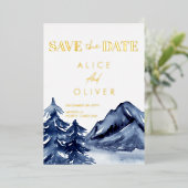 ネイビー素朴ブルーツリーズマウンテンザデイト 箔招待状 (立ち正面)