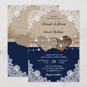 ネイビー素朴ブルーバーラップレース結婚ズ 招待状 (正面/裏面)