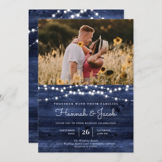 ネイビー素朴ブルーバーンウッドストリングライトフォト 招待状 (正面/裏面)