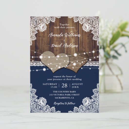 ネイビー素朴ブルーバーンウッドバーラップレース結婚ズ 招待状 (スタンド正面)