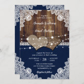 ネイビー素朴ブルーバーンウッドバーラップレース結婚ズ 招待状 (正面/裏面)