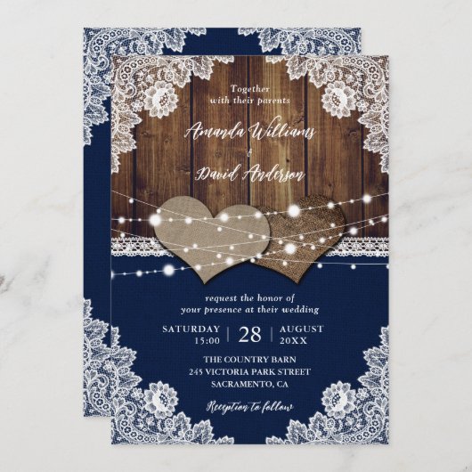 ネイビー素朴ブルーバーンウッドバーラップレース結婚ズ 招待状 (正面/裏面)