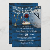 ネイビー素朴ブルーバーンウッドフェアヤテール結婚ズ 招待状 (正面/裏面)