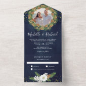 ネイビー素朴ブルーパインコーン写真クリスマス結婚ズ オールインワン招待状 (内側)