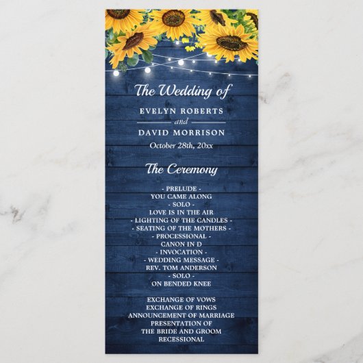 ネイビー素朴ブルーヒマワリのストリングラ結婚イト プログラム (正面)