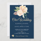 ネイビー素朴ブルーピーチのブーケ結婚ブーケ 招待状 (正面)