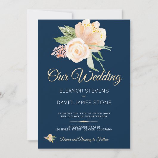 ネイビー素朴ブルーピーチのブーケ結婚ブーケ 招待状 (正面)