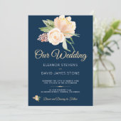 ネイビー素朴ブルーピーチのブーケ結婚ブーケ 招待状 (スタンド正面)