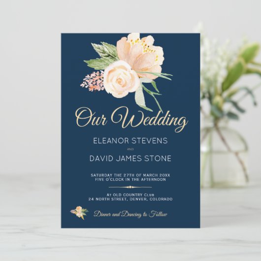 ネイビー素朴ブルーピーチのブーケ結婚ブーケ 招待状 (スタンド正面)