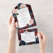 ネイビー素朴ブルーピーチ&ブルゴーニュフローラディナー オールインワン招待状 (貼ってはがせる)