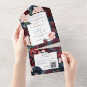 ネイビー素朴ブルーピーチ&ブルゴーニュフローラQRコード オールインワン招待状 (貼ってはがせる)