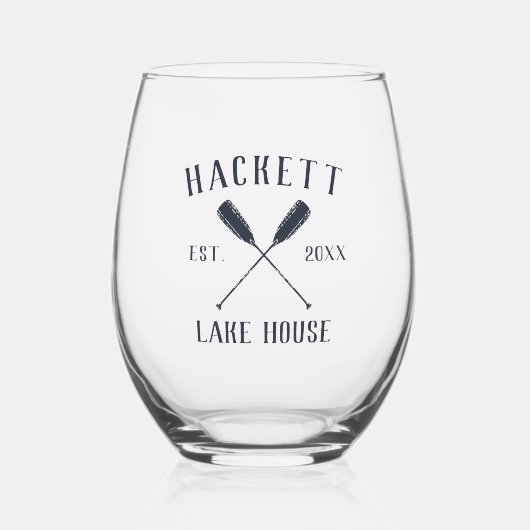 ネイビー素朴ブルーファミリーネームレイクハウスオール ステムなしワイングラス (正面)