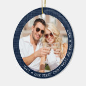 ネイビー素朴ブルーフレーム写真クリスマス夫妻 セラミックオーナメント (左)
