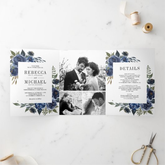 ネイビー素朴ブルーフローラフォトコラージュ結婚ズ 三つ折り招待状 (内部)
