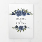 ネイビー素朴ブルーフローラフォトコラージュ結婚ズ 三つ折り招待状 (カバー)