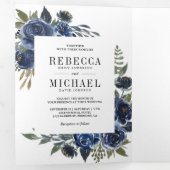 ネイビー素朴ブルーフローラフォトコラージュ結婚ズ 三つ折り招待状 (内部最初)