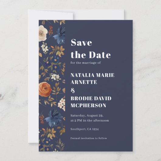 ネイビー素朴ブルーフローラ結婚式の日付を保存 セーブザデート (正面)