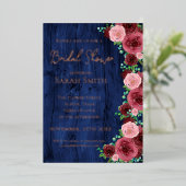 ネイビー素朴ブルーブルゴーニュブライダルシャワーバラ金ゴールド 箔招待状 (立ち正面)
