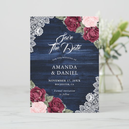 ネイビー素朴ブルーブルゴーニュ赤面ウッドズ結婚ーズ セーブザデート (スタンド正面)