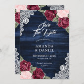 ネイビー素朴ブルーブルゴーニュ赤面ウッドズ結婚ーズ セーブザデート (正面/裏面)