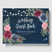 ネイビー素朴ブルーブルゴーニュ赤面フローラ結婚ズ ゲストブック (正面)