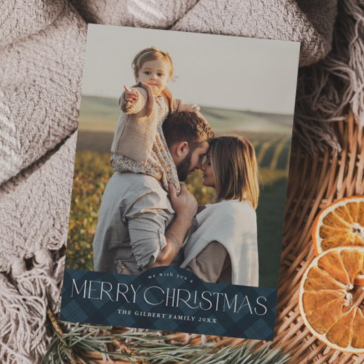 ネイビー素朴ブループレイド2写真メリークリスマス シーズンカード