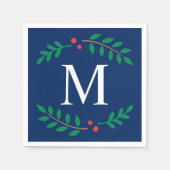 ネイビー素朴ブルーホリデーローレルリースモノグラム スタンダードカクテルナプキン (正面)