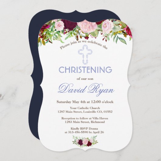 ネイビー素朴ブルーマルサラフローラ《キリスト教》洗礼式や命名式 招待状 (正面/裏面)