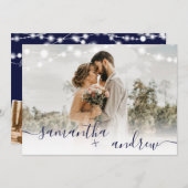 ネイビー素朴ブルーライトスクリプト4枚結婚写真 招待状 (正面/裏面)