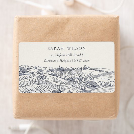 ネイビー素朴ブルーワイナリーマウンテンスケッチアドレス ラベル (インサイチュ)