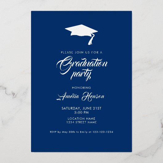 ネイビー素朴ブルー大学院写真卒業金ゴールド 箔招待状 (裏面)
