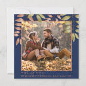 ネイビー素朴ブルー秋紅葉写真結婚の サンキューカード (正面)