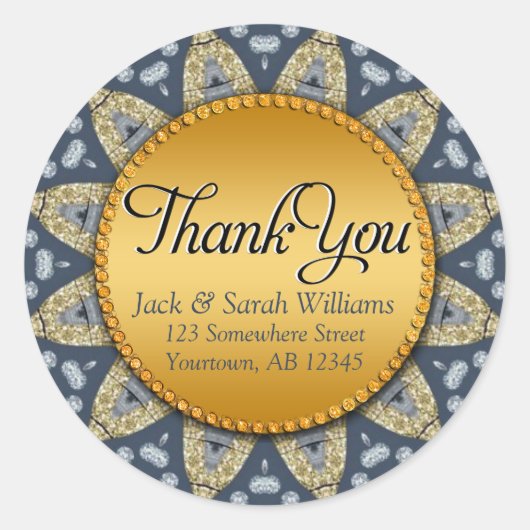 ネイビー素朴ブルー金ゴールドひまわりサンフラワーありがとうステッカー ラウンドシール (正面)