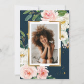 ネイビー素朴ブルー&赤面ピンクフローラ金ゴールドフレーム 招待状 (正面)