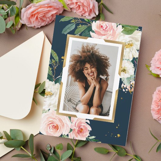 ネイビー素朴ブルー&赤面ピンクフローラ金ゴールドフレーム 招待状