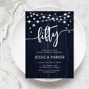 ネイビー素朴ホワイトウッド50th誕生日パーティー 招待状